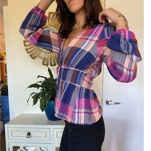 Anthropologie Plaid Playful Bright Blouse